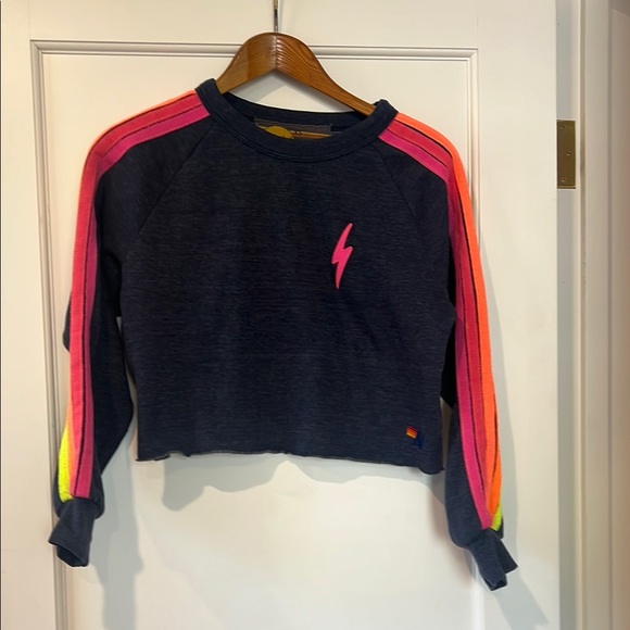 Aviator Nation Bolt Embroidery Striped Crop Crewneck Navy - Picture 2 of 9